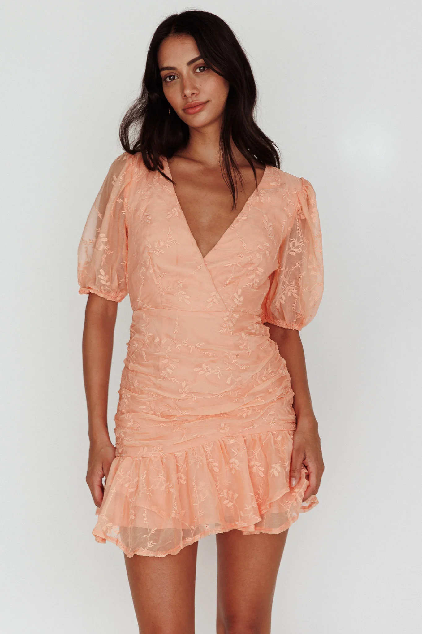 Orange Ruffles Cherry Blossom Puff Sleeve Wide Ruffle Hem Dress Orange - Online Dress ...