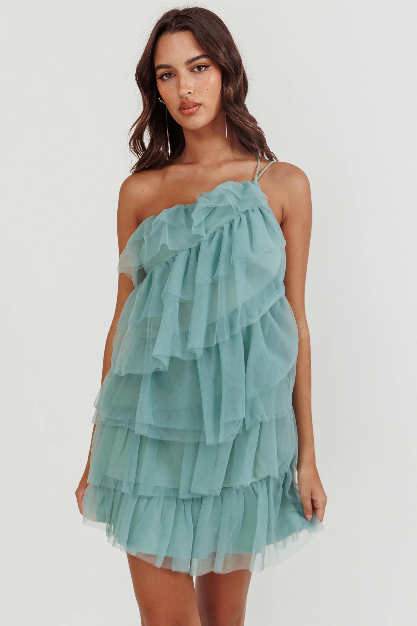 12288-arrabel-tiered-ruffle-mesh-mini-dress-sage-1.webp Arrabel Tiered Ruffle Mesh Mini Dress Sage