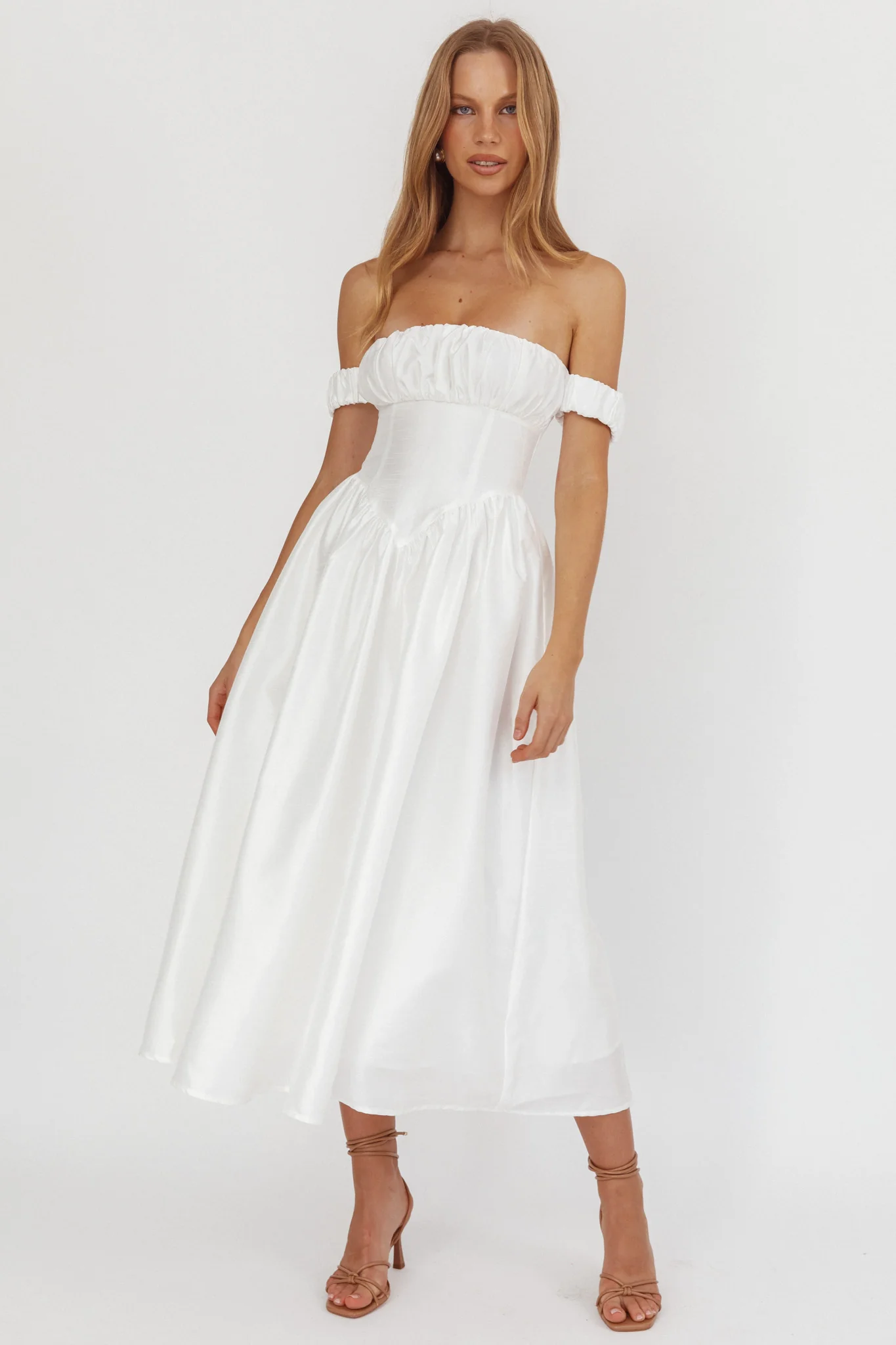 Ivory Basque Heavens Above Off-Shoulder Basque Waist Midi Dress Ivory - Selfie Leslie