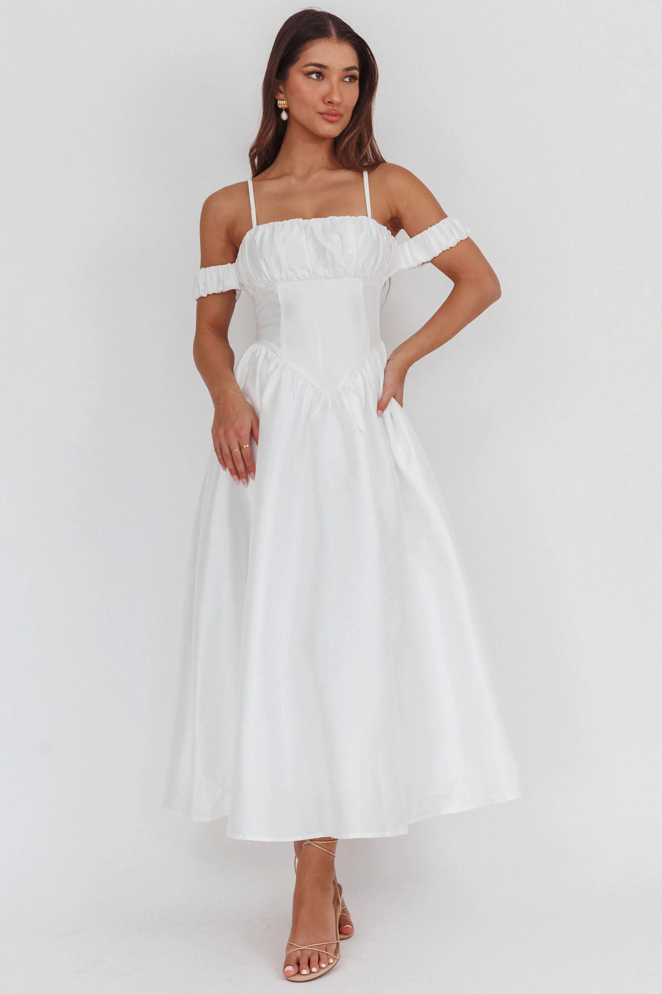 Ivory Basque Heavens Above Off-Shoulder Basque Waist Midi Dress Ivory - Selfie Leslie