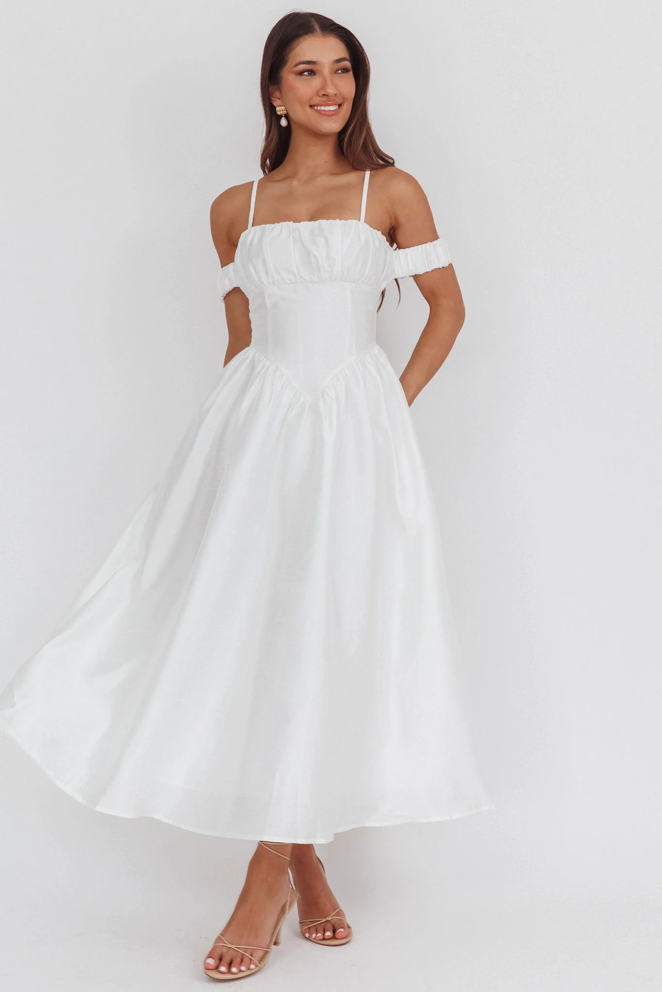 Ivory Basque Heavens Above Off-Shoulder Basque Waist Midi Dress Ivory - Selfie Leslie