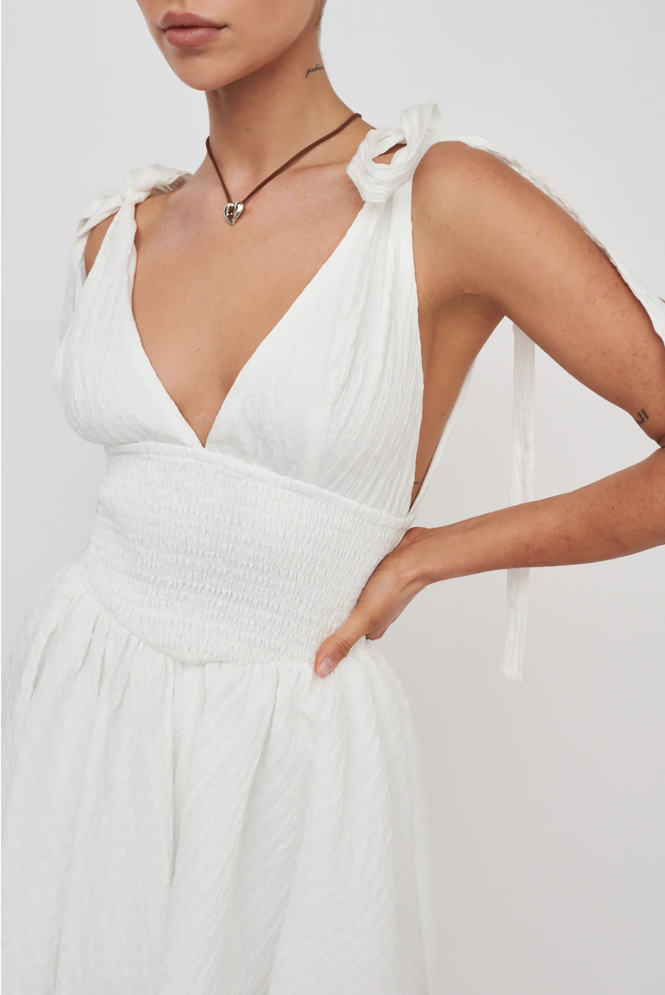 16564-lido-tied-shoulder-shirred-romper-white-5.webp Lido Tied Shoulder Shirred Romper White