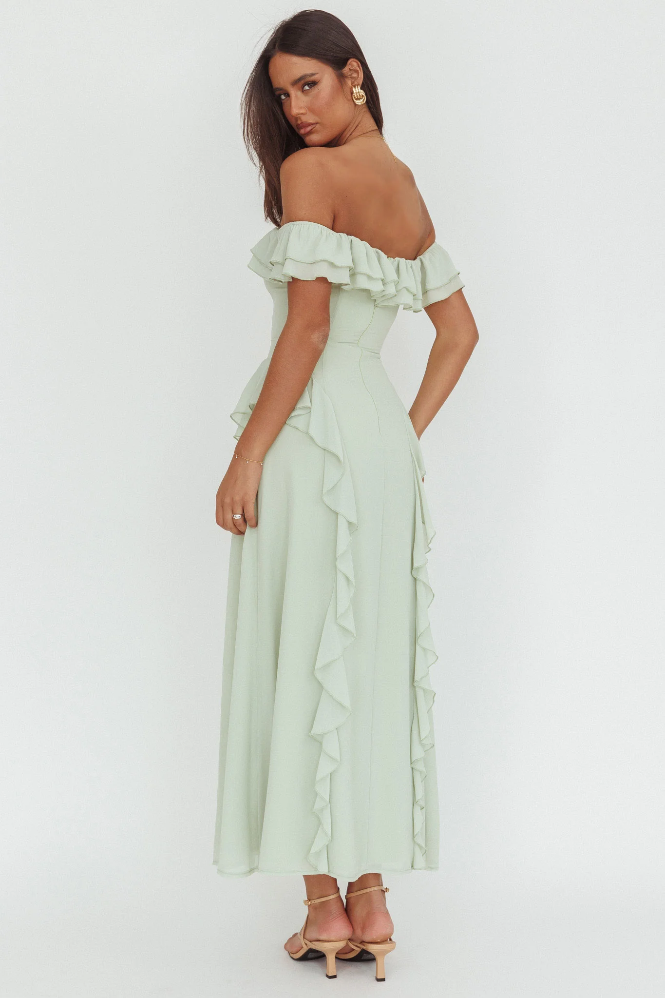 Scarlet Off-Shoulder Ruffle Trim Maxi Dress Sage - Selfie Leslie
