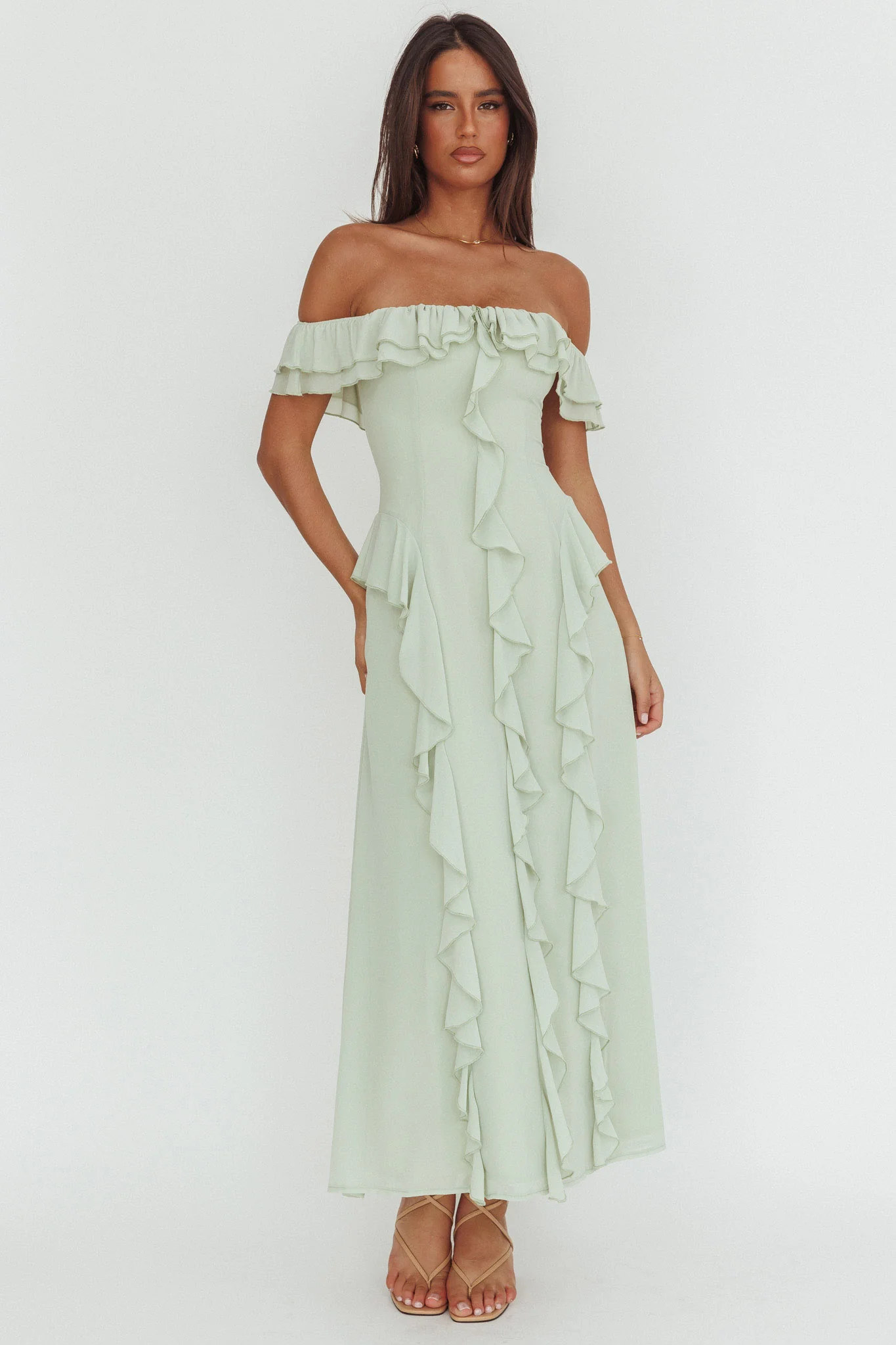 Scarlet Off-Shoulder Ruffle Trim Maxi Dress Sage - Selfie Leslie