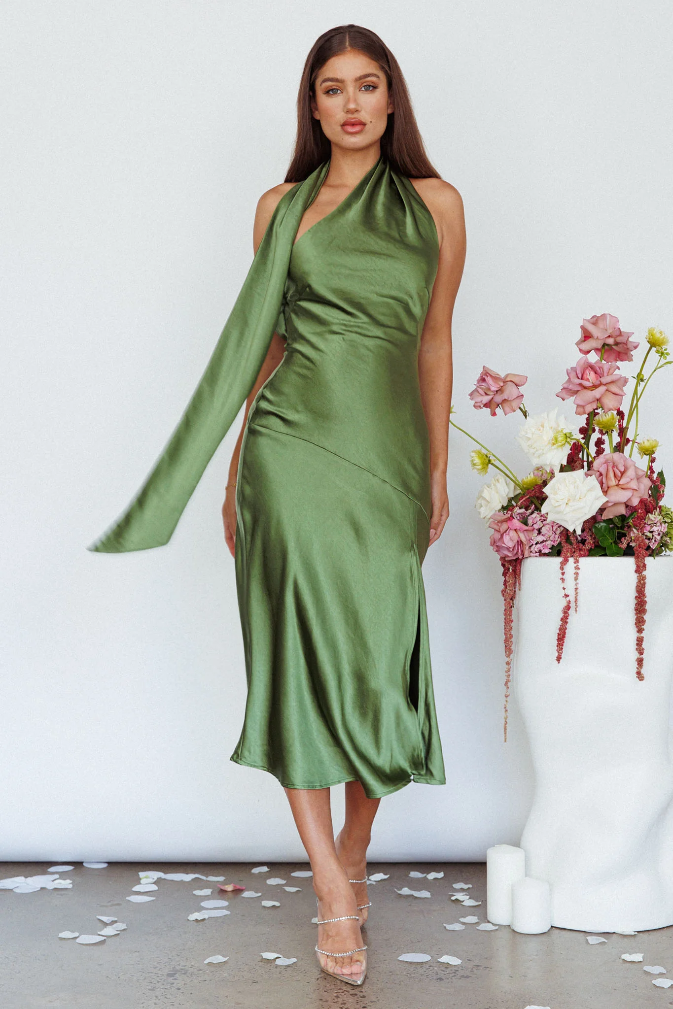 Italian Summer Tie Neck Midi Dress Olive - Selfie Leslie