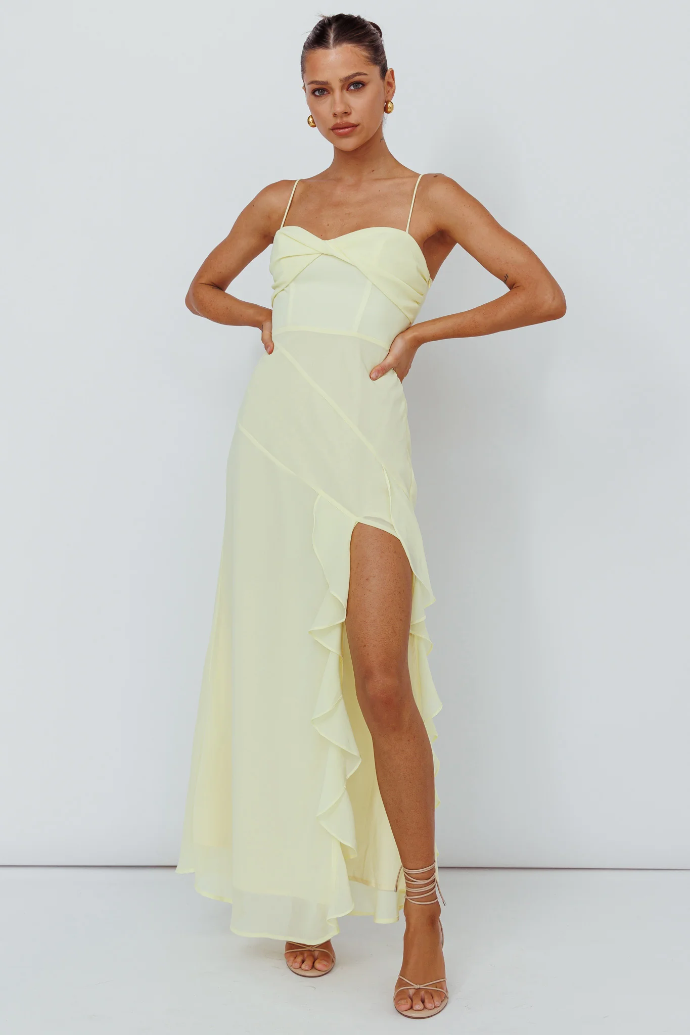 Jayna Ruffle Trim Split Dress Yellow - Selfie Leslie