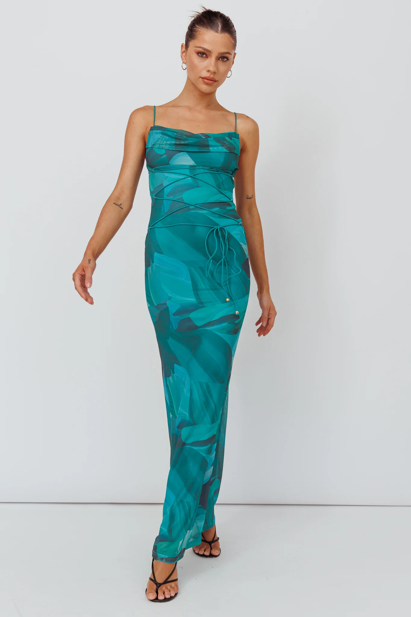 4697-teava-laced-waist-maxi-dress-abstract-green-3.webp Teava Laced Waist Maxi Dress Abstract Green